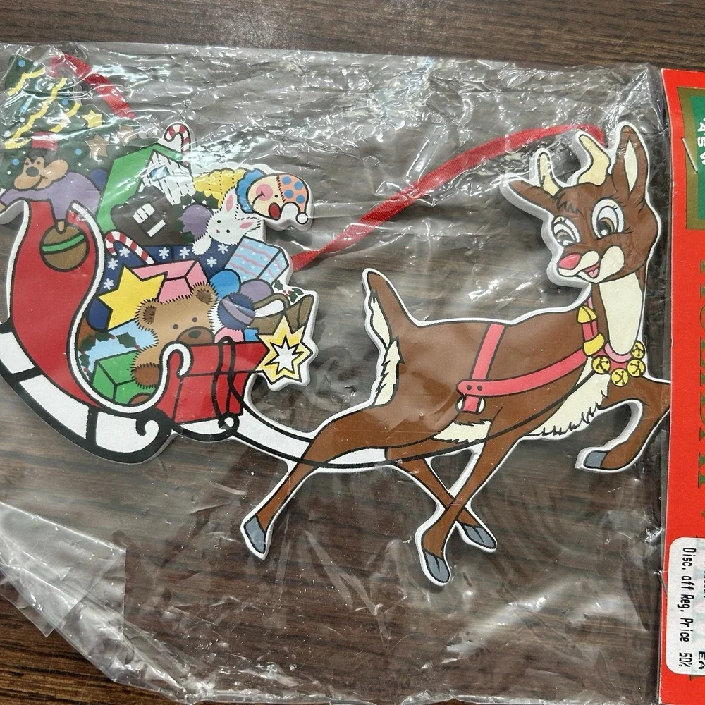 Vintage Kurt Adler Wood Christmas Ornament Rudolph Sleigh Toys NOS Santa's World